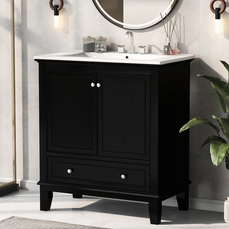 Meuble-lavabo de 30 po avec lavabo en céramique - bois massif noir, armoire, évier moderne, portes fonctionnelles, tiroir et tablettes réglables pour