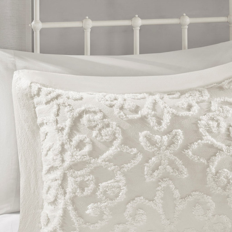3 Piece Tufted Cotton Chenille Bedspread Set, Off White, King Bedspread