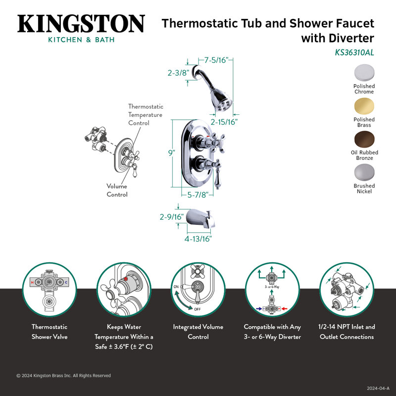  Robinet de douche et de baignoire inverseur, Chrome poli