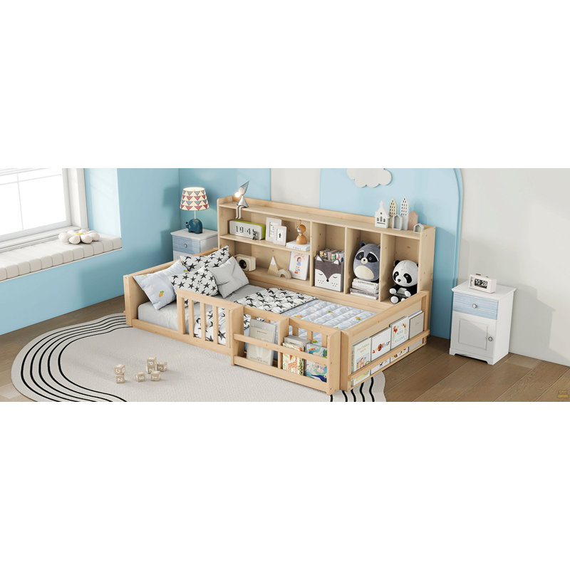 Full Size Kids Wooden Platform Bed Frame with Guardrail Fence, Side Storage Shelves & Book Shelf, Space Saving Floor Bed, Natural