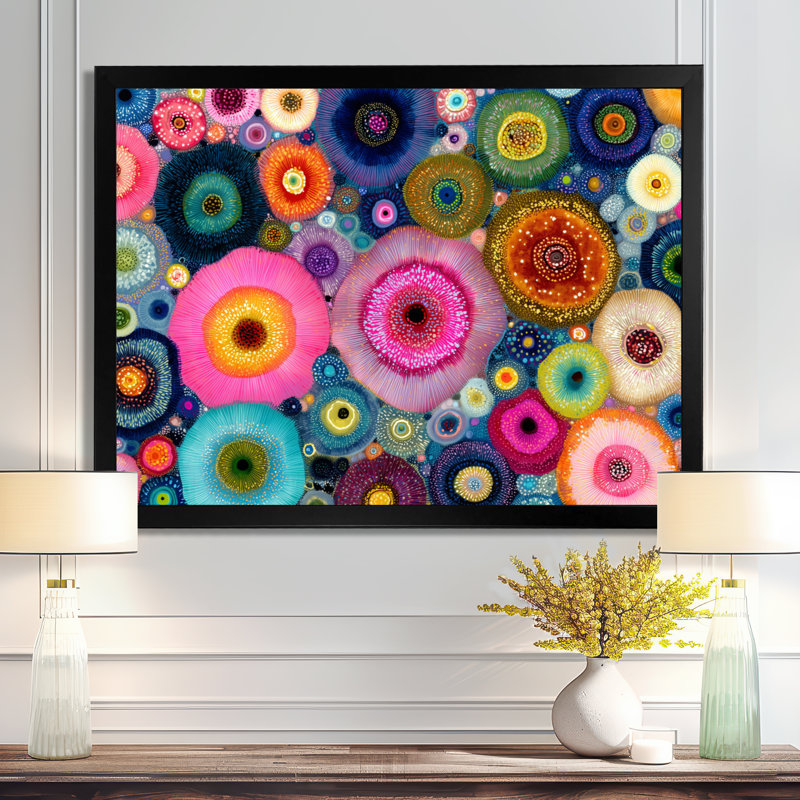 «Vibrant Flower Wall Horizon», art abstrait sur toile, art abstrait rose, H 12 po x l 20 po, Avec cadre, Noir
