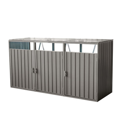 Metal Garbage Bin Shed, Grey - Holds 3 Trash Cans, Made Of Galvanized Steel, And Easy To Assemble Shed Stores Rot Corrosion, Use Clean