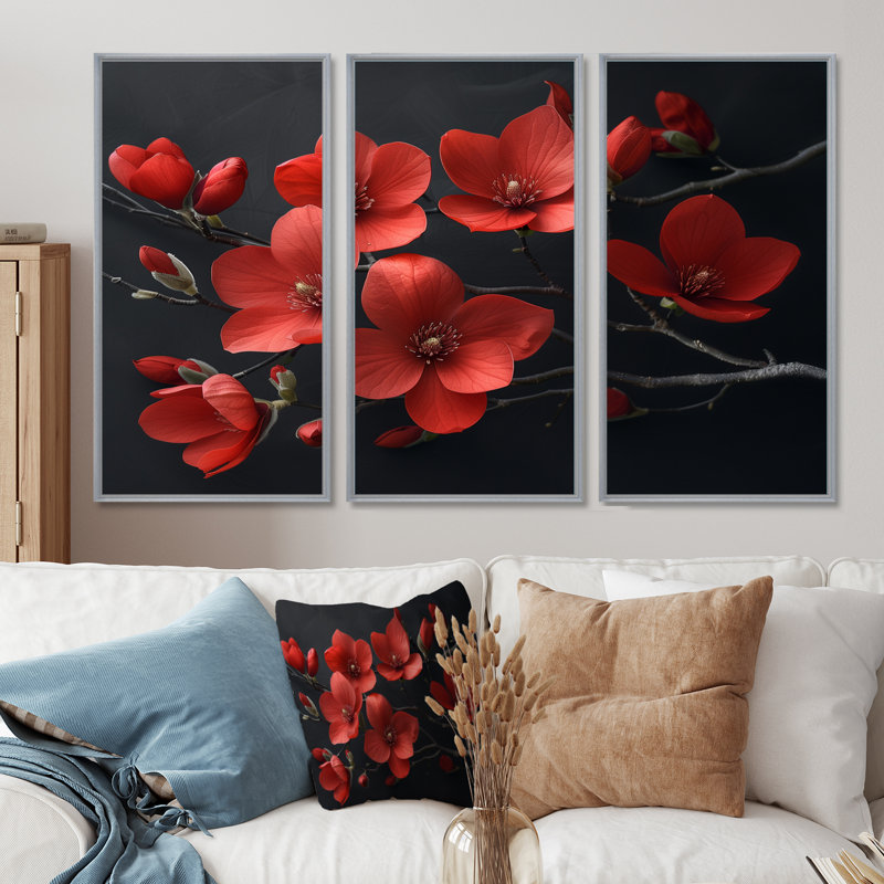 Ensemble de décoration murale Ritzman - Magnolias, Toile argentée avec cadre flottant, H 40 po x l 60 po x P 1 po