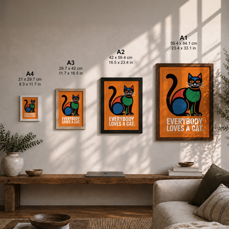 Everybody Loves a Cat Retro - Framed Print, Walnut, A3 - 42.0 x 29.7 cm