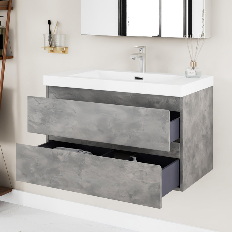 Armoire de salle de bain murale simple de couleur gris pierre 36 po | Bassin en résine intégré | Tiroirs à double couche | Rail silencieux à fermeture en douceur
