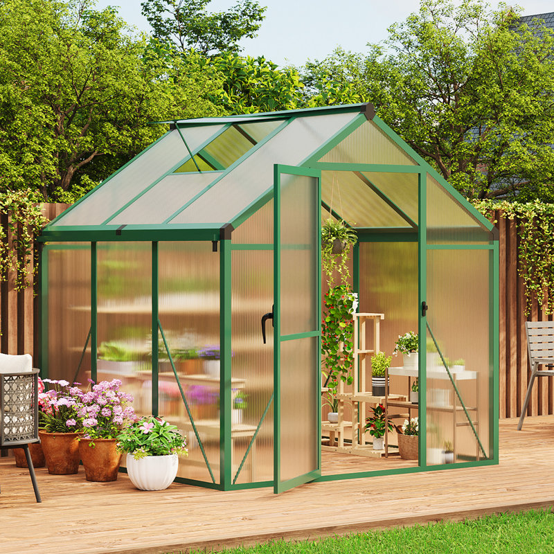 Greenhouse for Outdoor with Door, Green House with Polycarbonate Panel & Adjustable Roof Vent & Ground Nails, Green