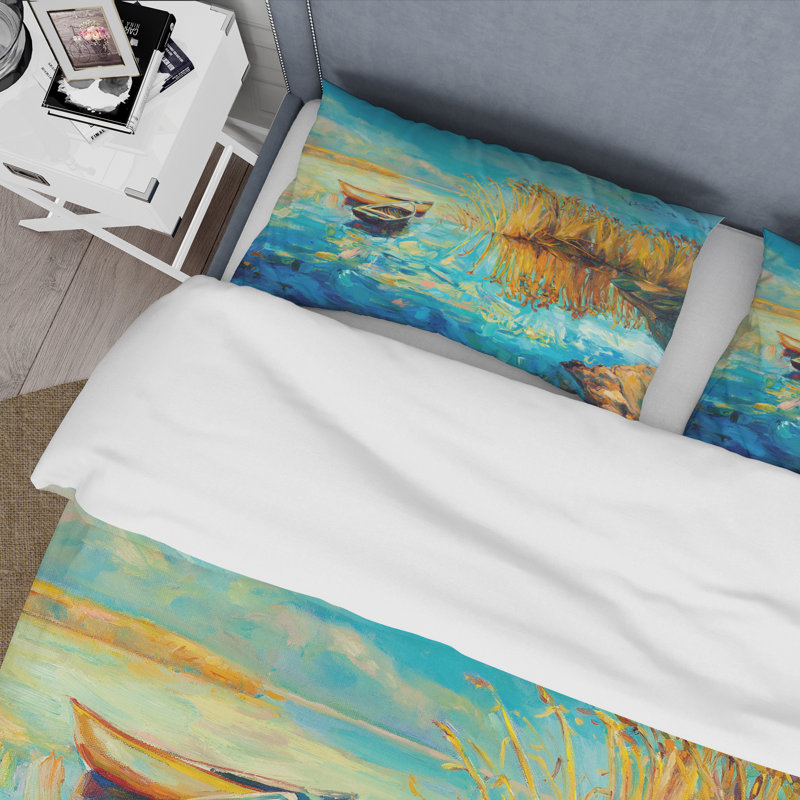 Turquoise Lake avec arbres orange pendant le coucher du soleil - ensemble de housse de couette nautique - microfibre de polyester