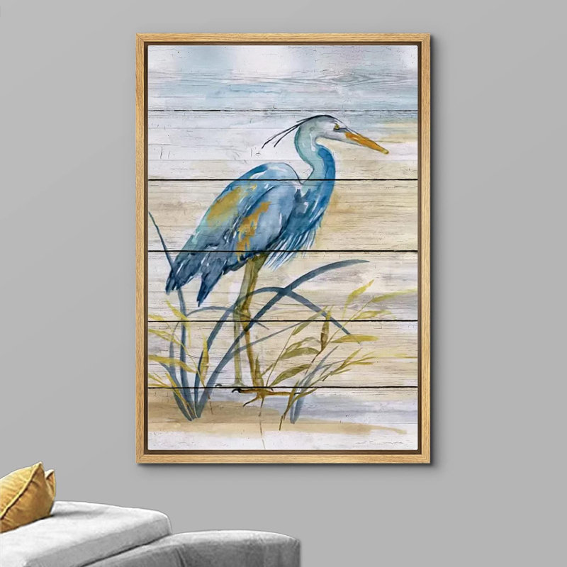Blue Heron Bird on Natural Wood Panel Framed Canvas Art