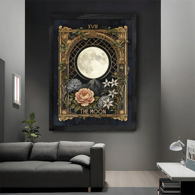 Black Framed Vintage The Moon Tarot Wall Art - Enchanted Art Nouveau Spiritual Decor Framed Prints