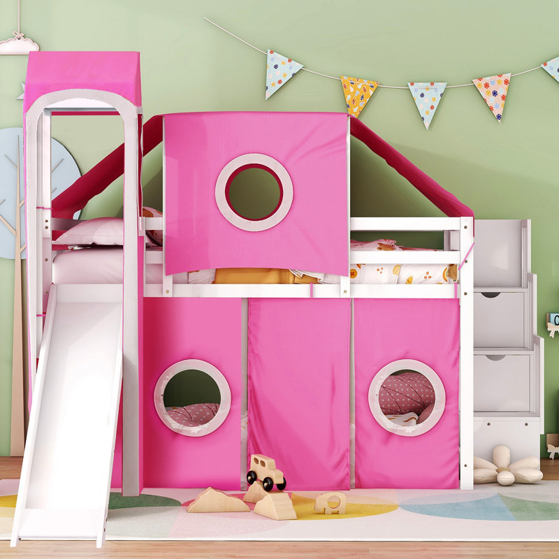 Lit mezzanine avec tente et tour, Rose, Lit double