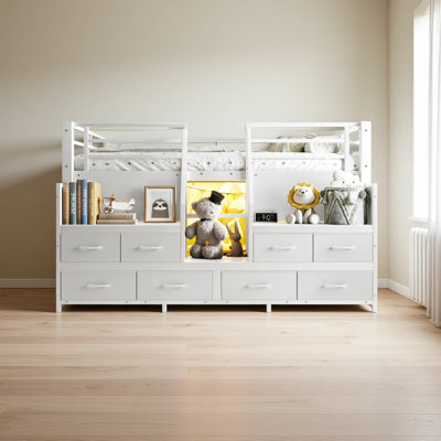 Full Low Loft Bed with Multi-Storage Spaces, Including Fabric Drawers, Fabric Shelves Beside the Bed, Storage Stairs, Metal Loft Bed with Lights and Ample Under-bed Spaces