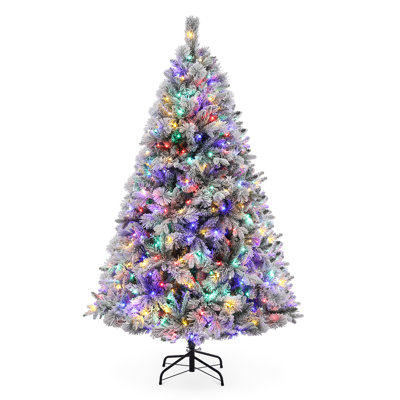 Arbre de Noël artificiel blanc 6 pi avec 6 lumières multicolores et 850 branches, arbre de Noël artificiel enneigé 6 pièces
