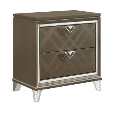 Table de chevet glamour à 2 tiroirs avec garniture de miroir et pieds en acrylique, rangement spacieux et design moderne pour toute chambre à coucher.