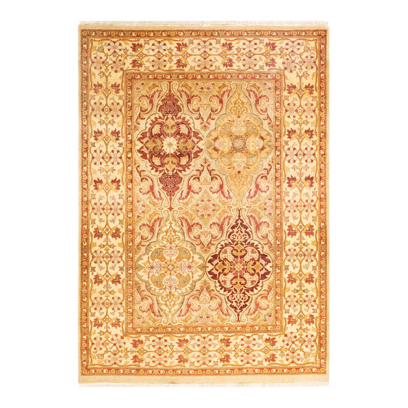 Tapis unique ivoire / orange / rouge noué à la main 4 pi 3 po x 5 pi 8 po Vang Mogul