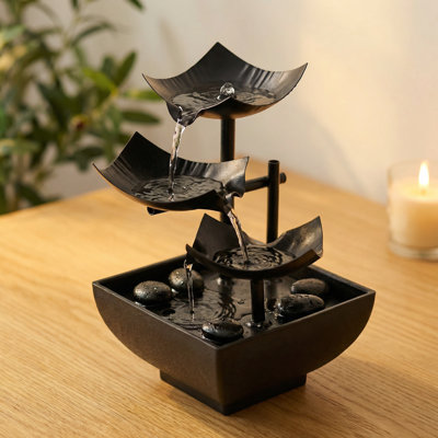 USB-Powered 3-Tier Black Cascade Tabletop Fountain with LED Light