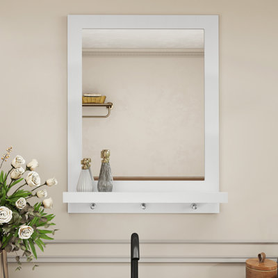 Miroir mural avec tablettes et crochets, blanc
