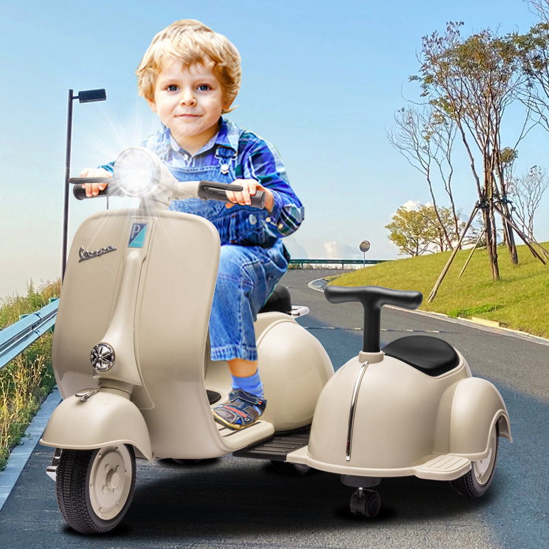 Moto homologuée Vespa à trois roues avec voiture latérale et haut-parleur, lecteur de musique, lumières, Beige