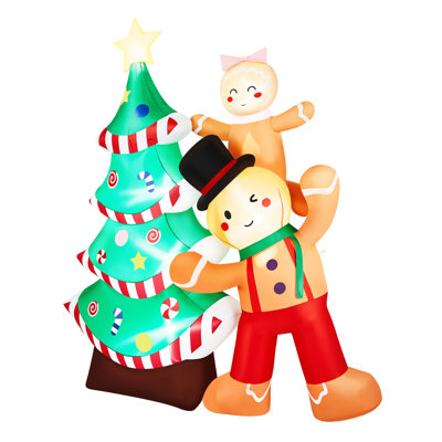 7.3FT Gingerbread Man and Christmas Tree Inflatable with 6 LED Lights 190D Polyester 12V 1500mA Outdoor Holiday Yard Decor
