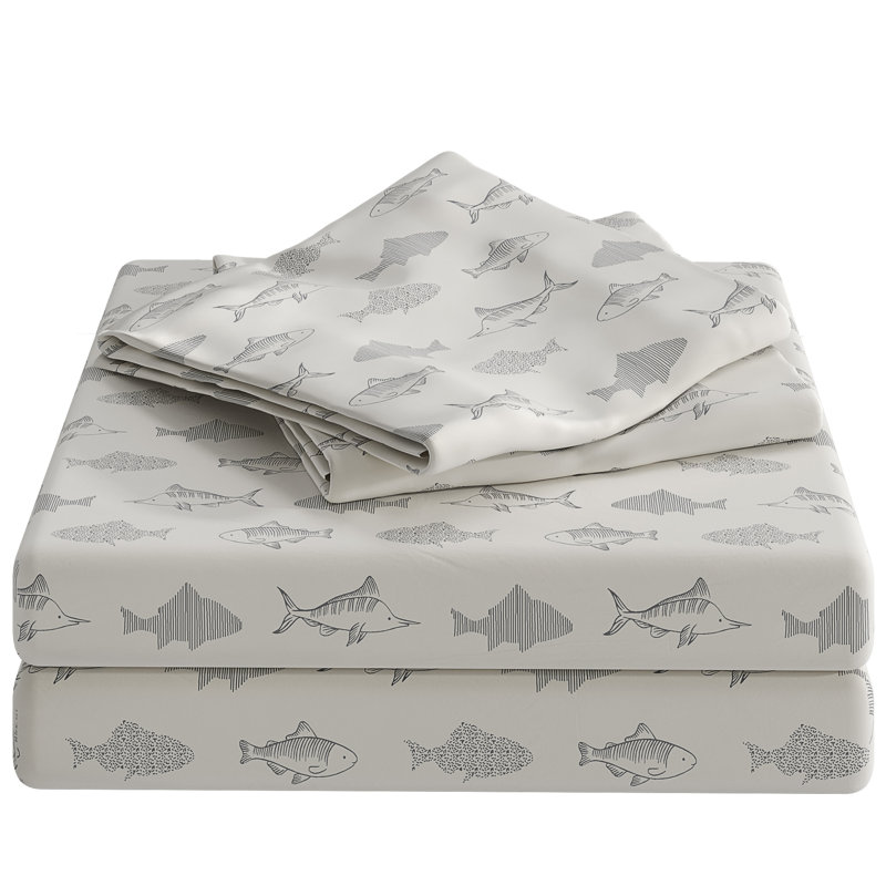 Twin Gray Fish Print Microfiber Deep Pocket Sheet Set