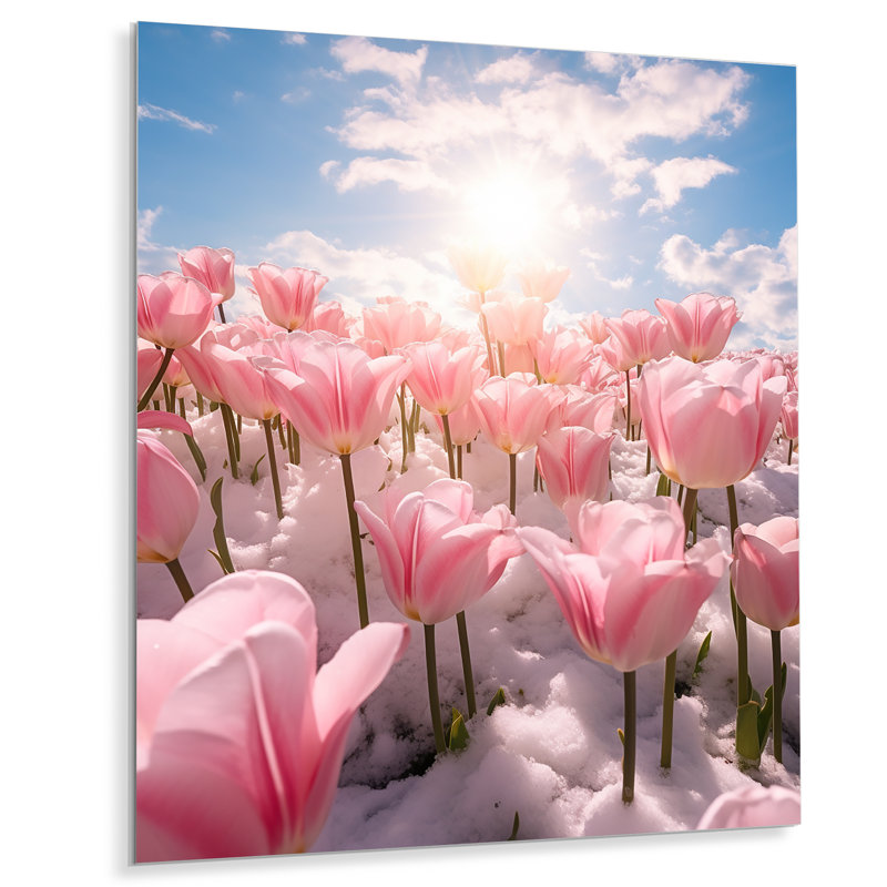 Tulipe rose, neige, paysage ensoleillé II - Tulipes, art mural, Métal métal, H 44 po x l 34 po x P 1,5 po
