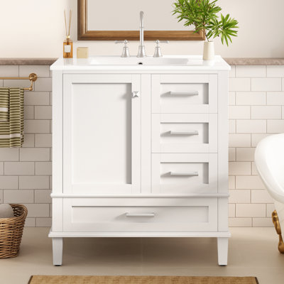 Meuble-lavabo de 30 po de largeur, poignées en alliage de zinc, tablettes à double porte, lavabo anti-taches