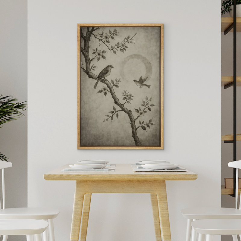 Encre d'oiseaux sur une branche, impression encre d'inspiration orientale avec pleine lune, décor élégant encadré pour des thèmes zen ou nature