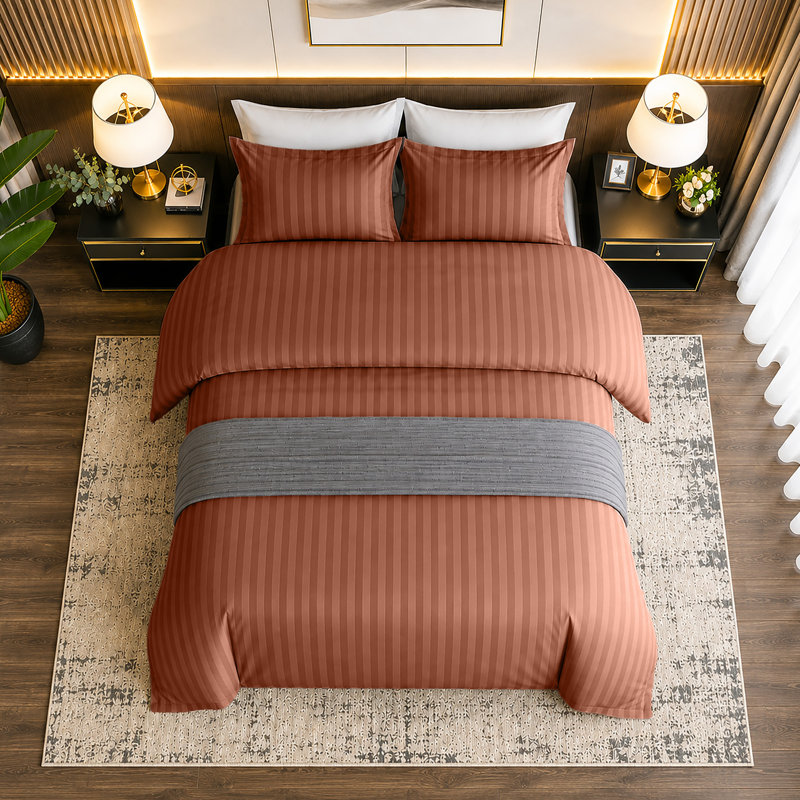 Haffa Microfiber Striped Duvet Cover Set with Pillowcases, Single Duvet Cover + 1 Standard Pillowcase, Rust