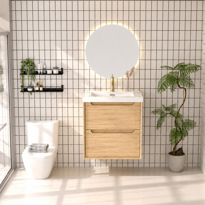 Meuble-lavabo mural 24 po avec lavabo en résine intégré - chêne naturel, 24