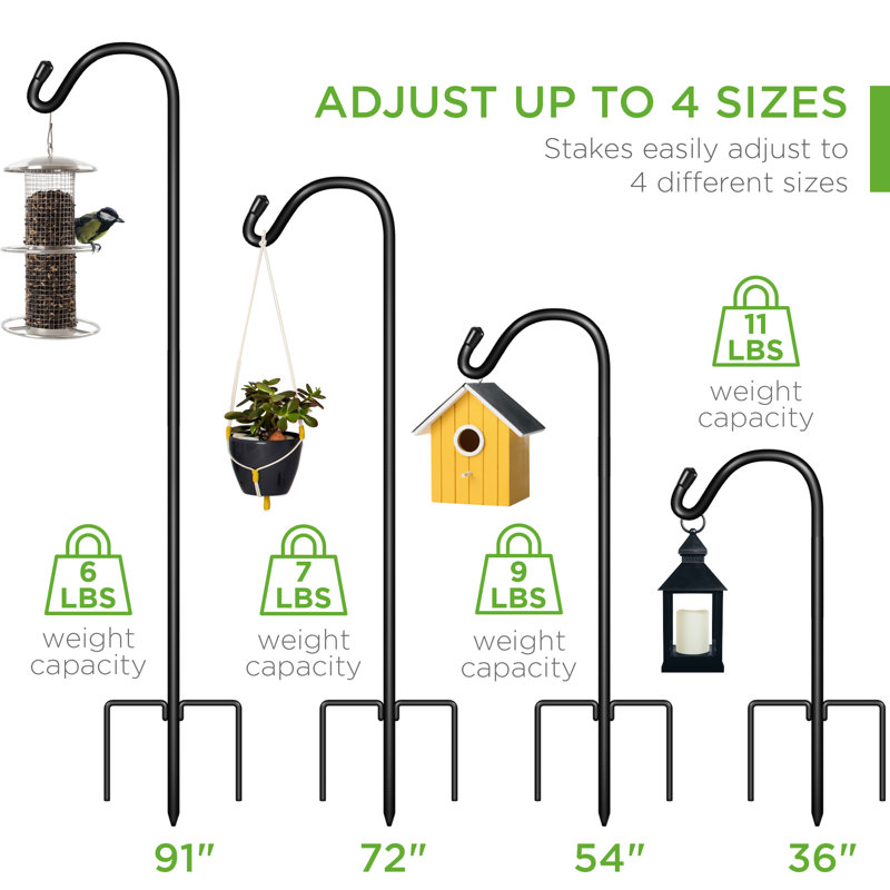 Adjustable Black Metal Shepherd Hooks with 3-Prong Base