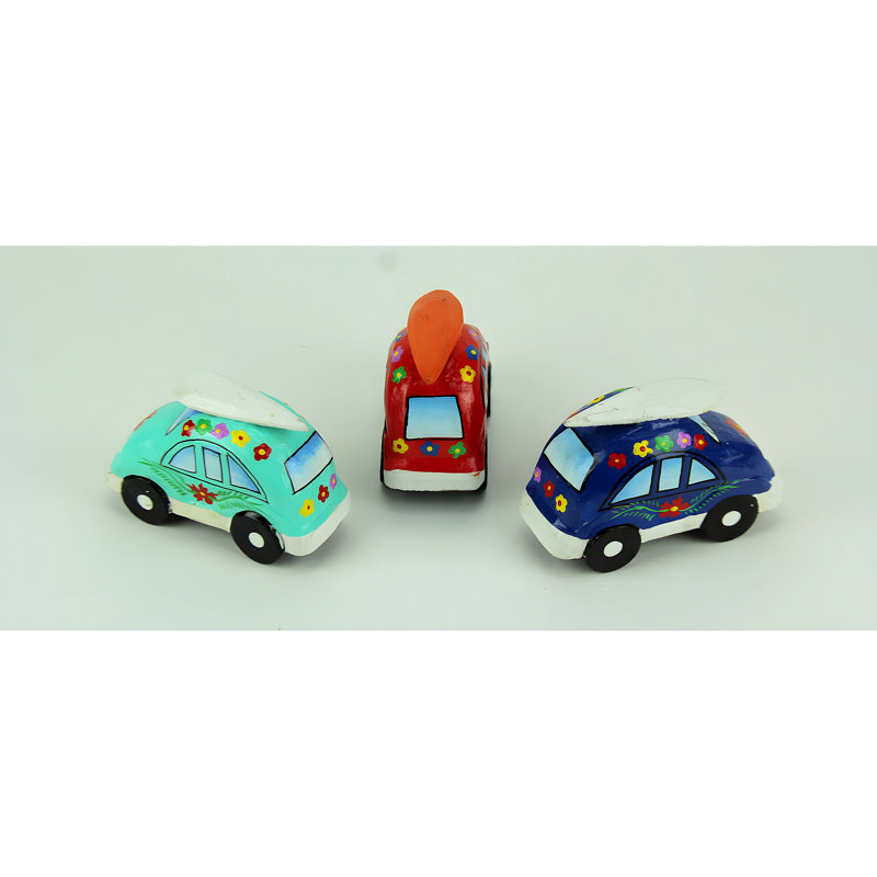 Ensemble de trois buggies de plage en bois sculpté, style surfeur, rouge, bleu foncé et turquoise, 11,4 cm de large