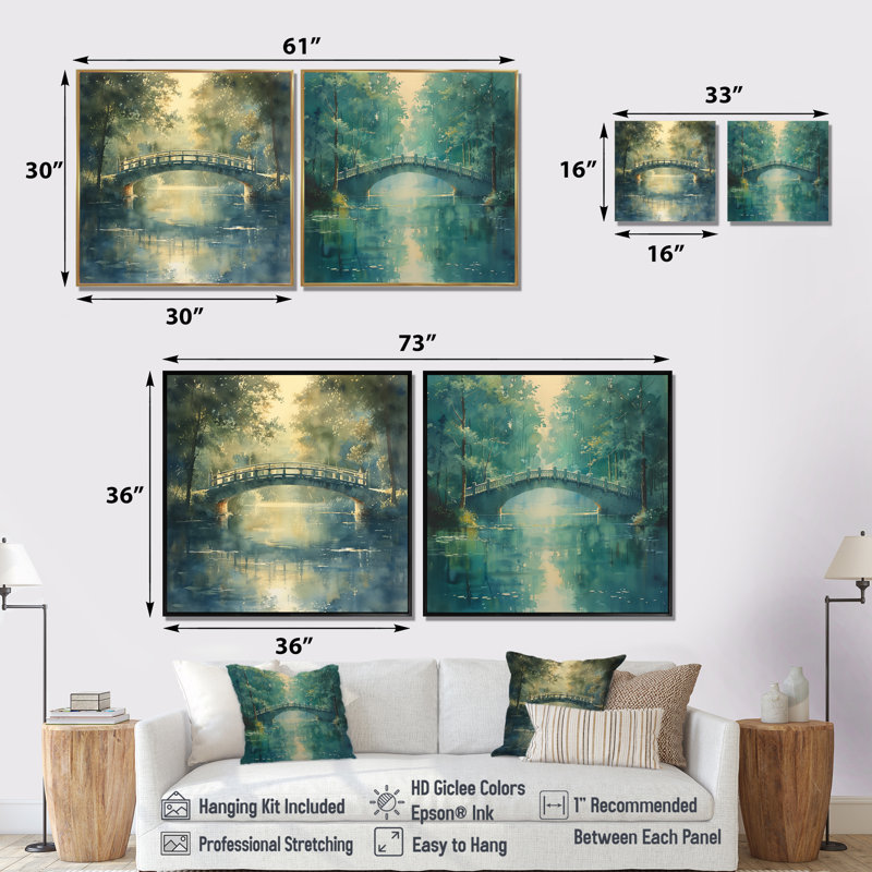 «Green Beige River Crossing Park Bridge I», décoration murale - art mural traditionnel 2 pièces, H 16 po x l 33 po