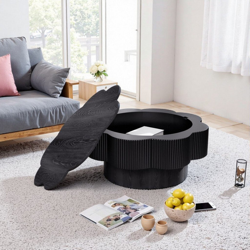 Table basse 31,5 "avec rangement Blossom - placage en bois naturel cannelé noir, pièce maîtresse du salon, Noir
