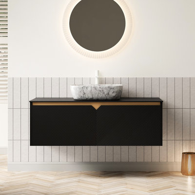 Meuble-lavabo de 48 po avec composition de lavabo, comptoir en pierre frittée noire, vasque en céramique à motif de marbre blanc, portes d'armoire en bois massif à fonction de fermeture en douceur, comptoir,