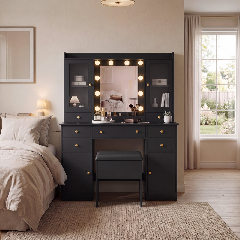 Durnan Vanity & Stool ,LED Lights And Power Outlet, Bedroom Makeup Vanity Table With 2 Glass Storage Cabinet And 7 Drawers