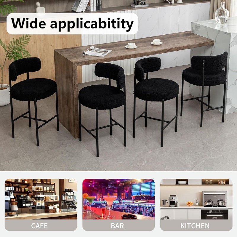 Boucle Bar Stools Set Of 3, 24" Modern Counter Stools With Backs, Upholstered Barstools For Kitchen Island, Bar, Cafe, Black
