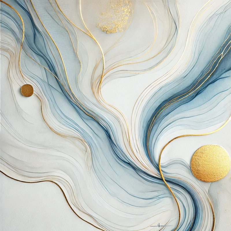 Serenity Streams - Art mural abstrait sur toile tendue bleue et dorée, H 12 po x l 12 po x P 1 po
