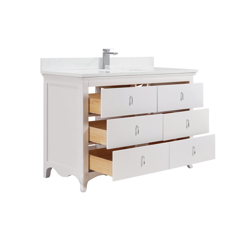Meuble-lavabo simple 48 po en bois massif avec plateau en marbre d'ingénierie de 1 po, Blanc rêveur