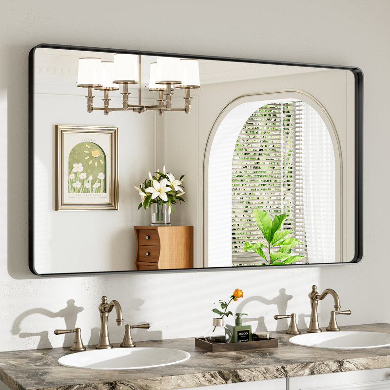 Miroir de salle de bain mural Llesenia, Noir mat, Rectangulaire, 28 po x 48 po
