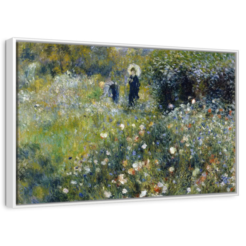 Femme avec un parasol dans un jardin, Cadre flottant blanc, 40 po x 27 po