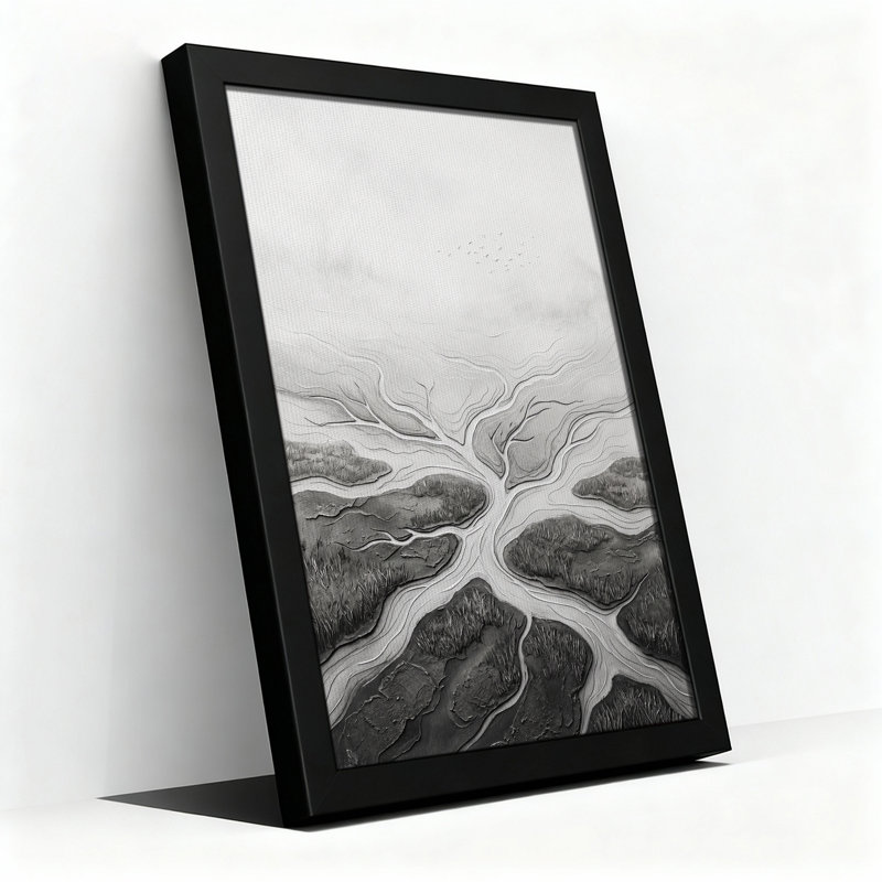 «Black and White River Delta with Birds», art mural sur toile, H 24 po x l 16 po