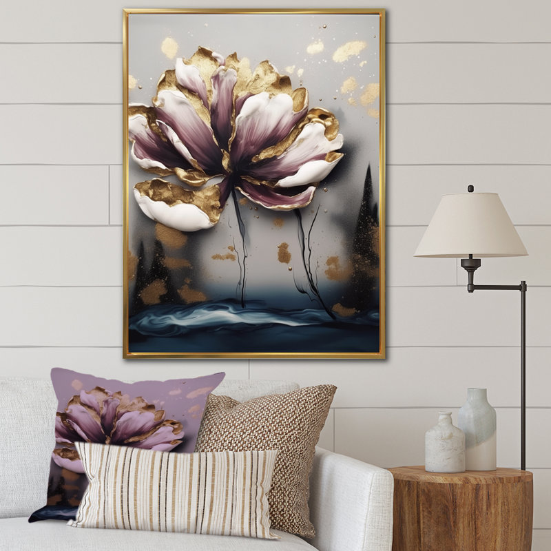 " Purple Tulip Tapestry II ", 40" H x 30" W x 1.5" D, Gold Floater Framed