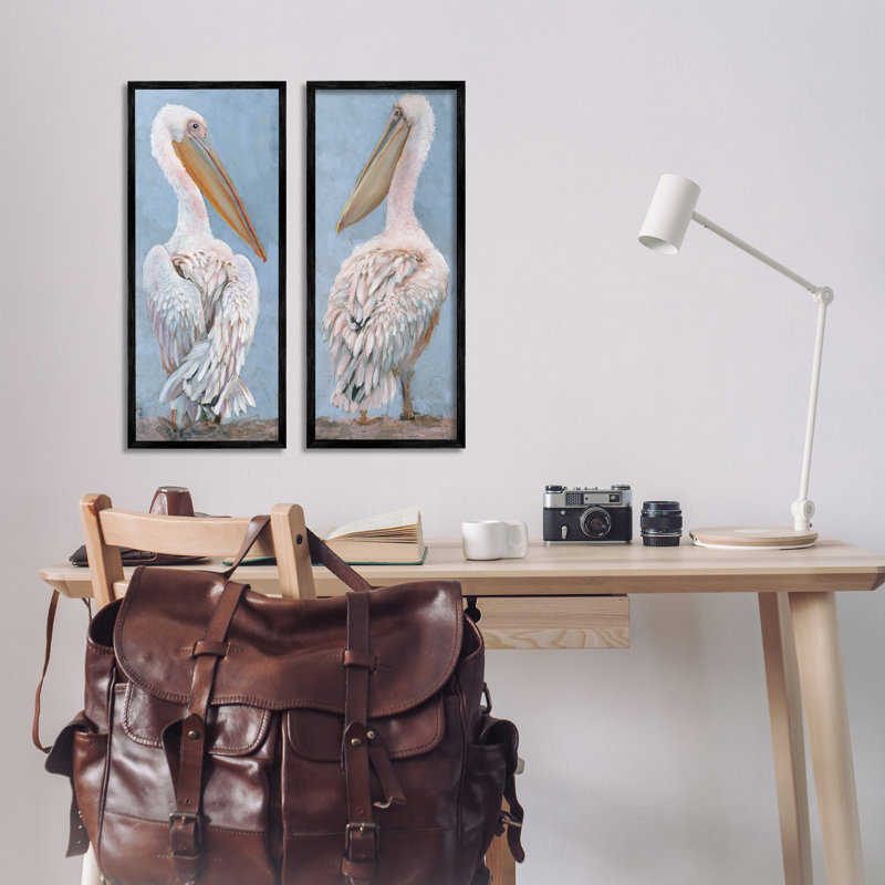 "Classic Pelicans Gazing" par Steller Design Studio 2 pièces, H 24 po x l 10 po, Giclée encadrée noir minuit