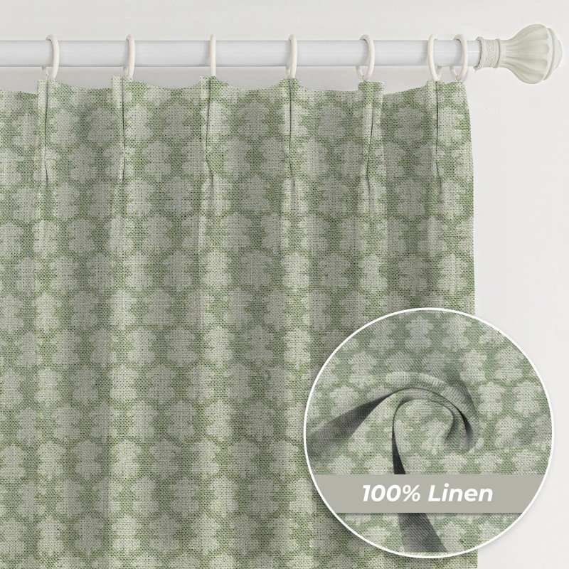 Fabdivine Green Pinch Pleated Curtain Thick Linen Hook Drapes 27x108 Inches Hand Block Print for Home Decorative, Farmhouse, Summer or Spring 2 Panel Set Curtains Floral Pattern, Blackout, Traz