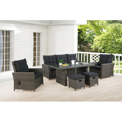 Asti All-Weather Wicker 6-Piece Outdoor Seating Set with Reclining Sofa, Two Reclining Chairs with Two Ottomans and 26"H Cocktail Table
