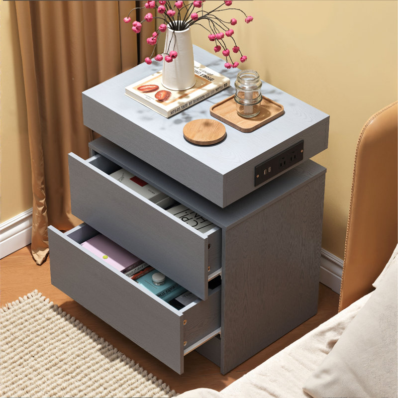 Westerly Wooden Nightstand with Charging Station, Gray, 2
