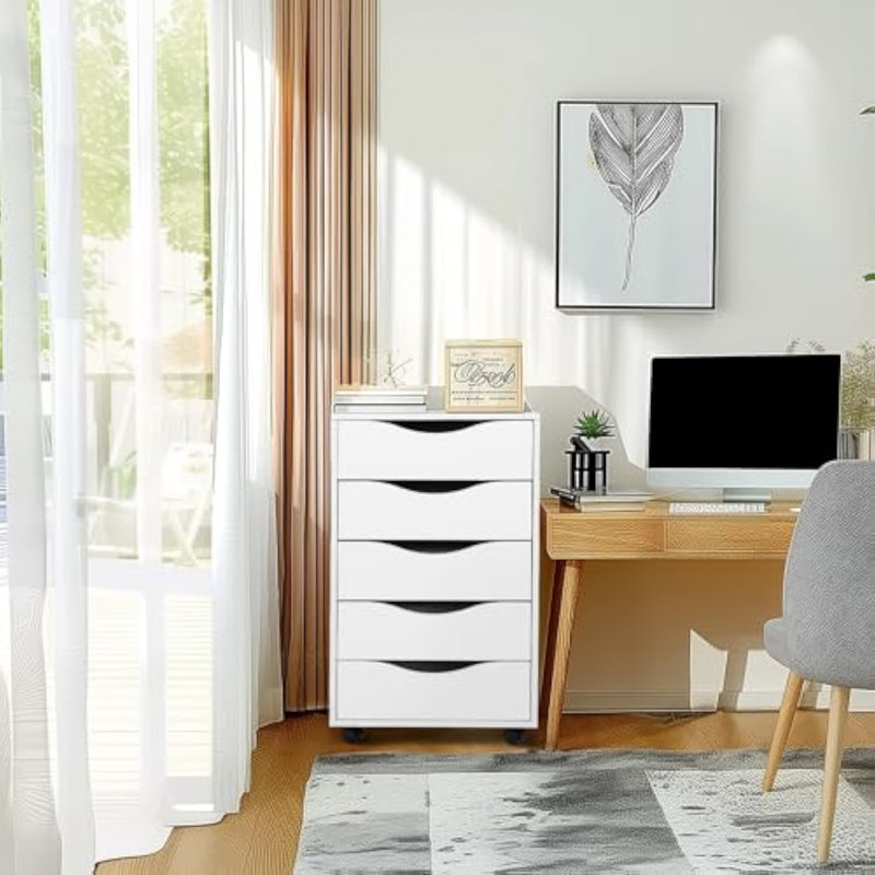  5 Drawer Chest Wood File Cabinet Rolling Storage Dresser With Wheels For Home Office, White