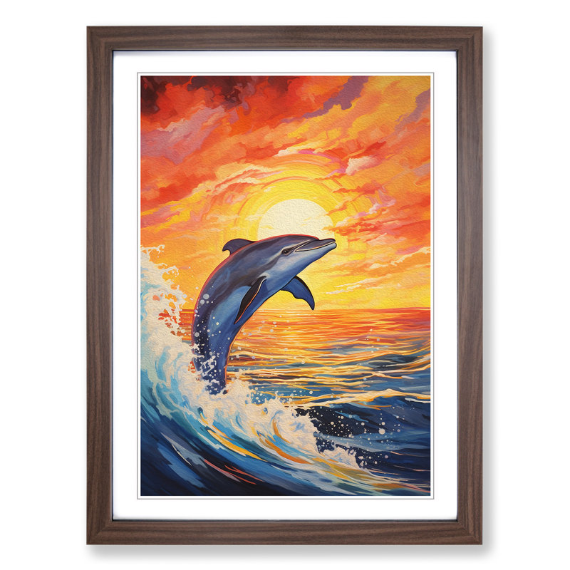 Dolphin Expressionism - Single Picture Frame Print on Wood, Walnut Framed, 46cm H x 34cm W