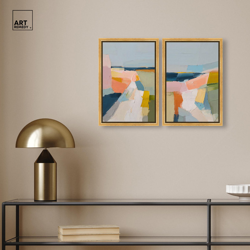 Pastel Fields Duo Canvas Print Modern Abstract Art Set by Art Remedy, Black Frame, 36 x 54, H 16 po x l 11 po, Gold Frame