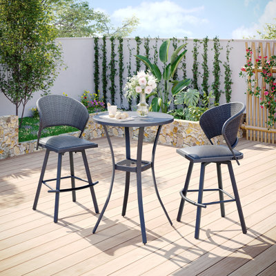 3-Piece Outdoor Bistro Set with Round Bar Table and Wicker Padded Swivel Bar Chairs by Lark Manor
