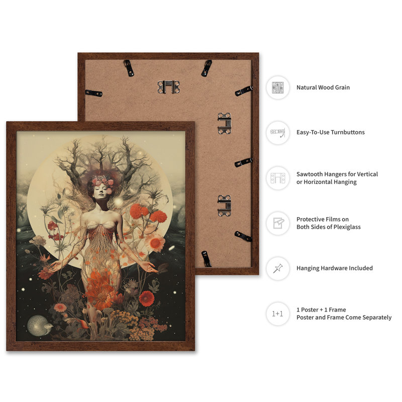 Femme psychédélique et fleurs no 3, Poster, 18"H x 24"W, Brown Framed